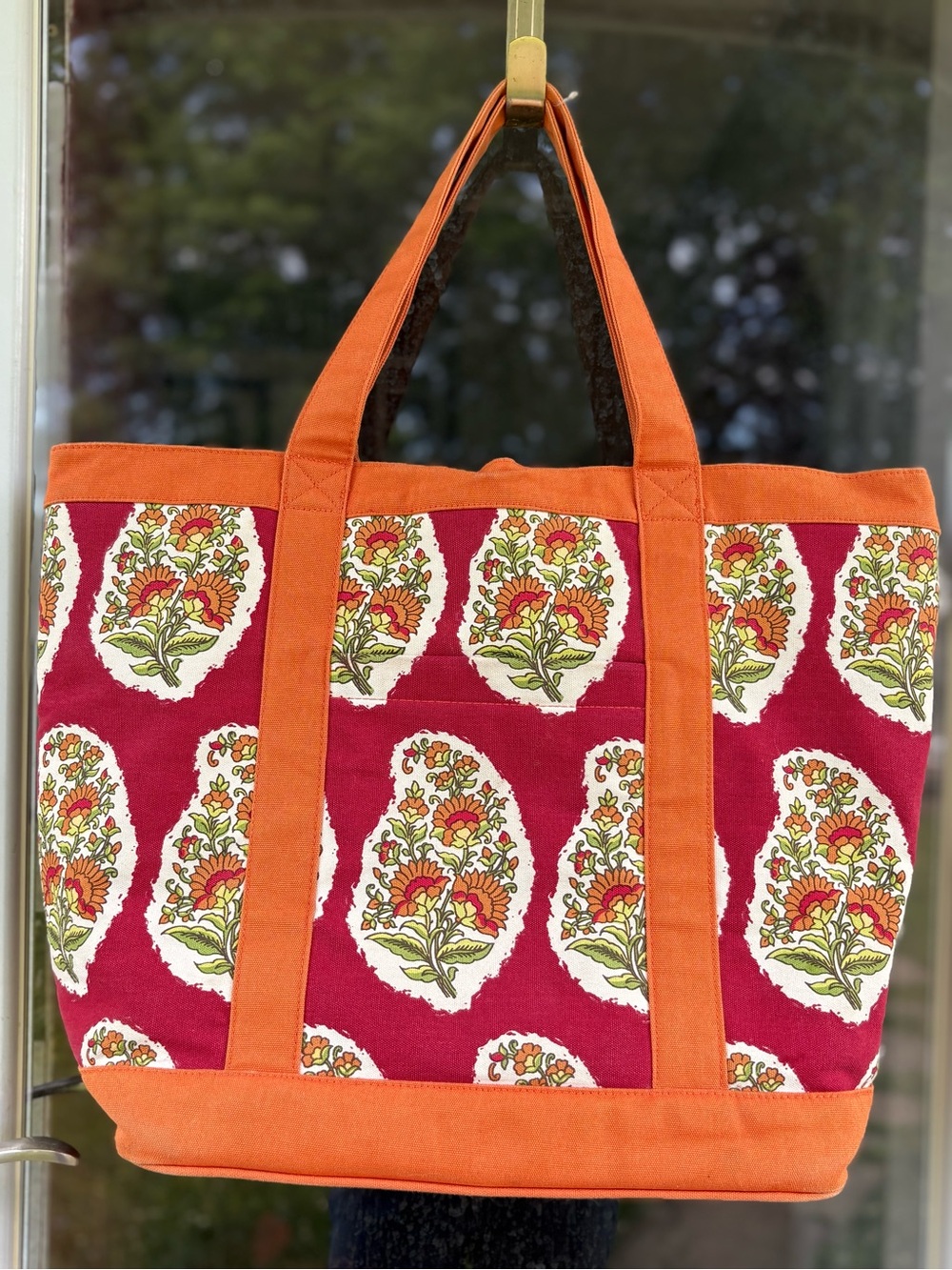 Heavy Pottery Barn Canvas Tote XL Orange & Red Floral Bag